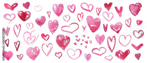 Vector hand drawn brush watercolor pink hearts set. Cute creative doodle vector elements, heart shapes with artistic aquarelle stains. Vector design collection, Valentine's Day set.