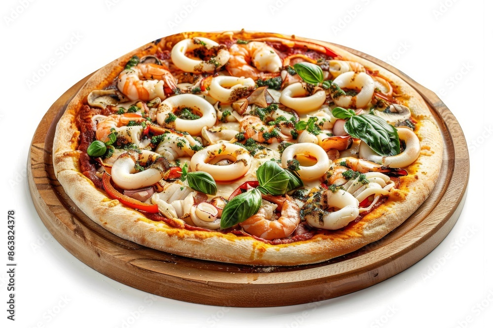 Hot Seafood Pizza, Fried Yeasted Flatbread with Squid Rings and Red Fish, Salmon or Trout Fillets Hot Seafood Pizza, Fried Yeasted Flatbread with Squid Rings and Red Fish, Salmon or Trout Fillets