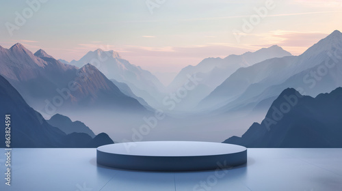 A minimalist circular podium sits atop a platform overlooking a vast, misty mountain range at sunrise.