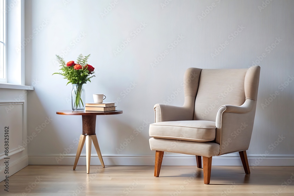 Comfortable armchair with a side table in a living room. Comfortable armchair with a side table in a living room.