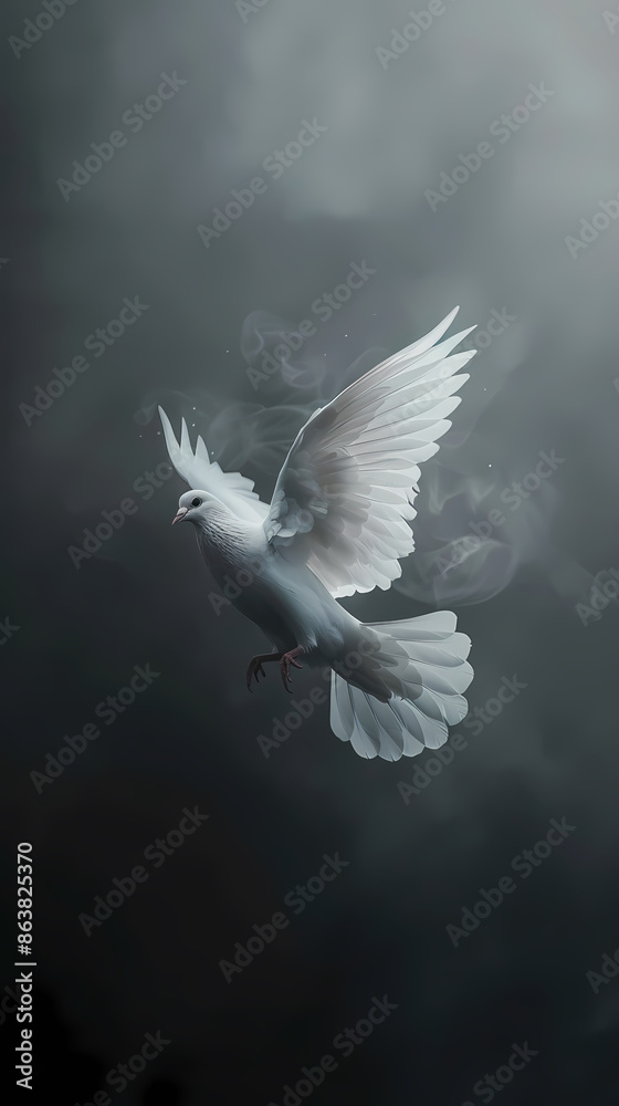 Obraz premium White dove flying in the sky, symbol of peace and hope