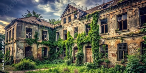 Creepy old abandoned building with broken windows and overgrown vegetation, abandoned, spooky, eerie, derelict