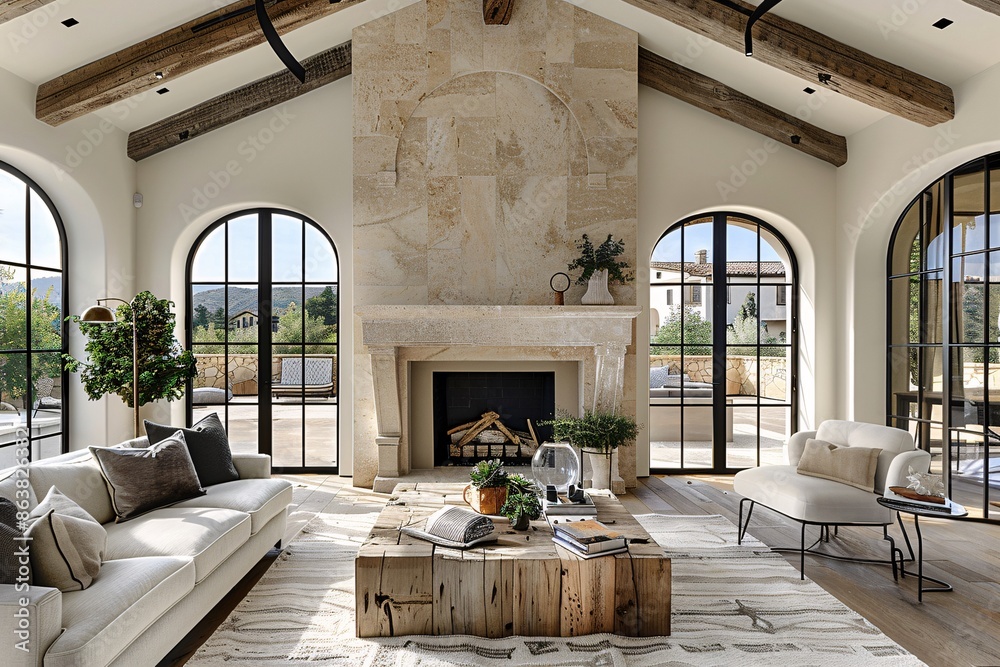 Rustic coffee table between sofa and chairs in Mediterranean cottage style home. Rustic coffee table between sofa and chairs in Mediterranean cottage style home.