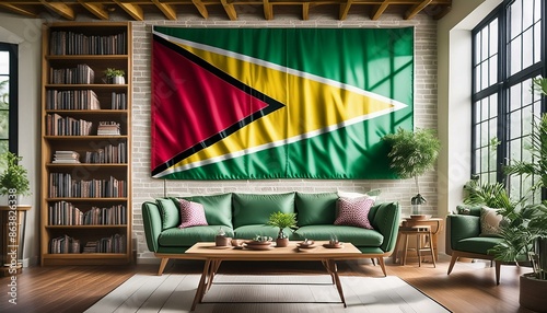 The flag of Guyana hangs in the living room at home. The flag is in house. photo