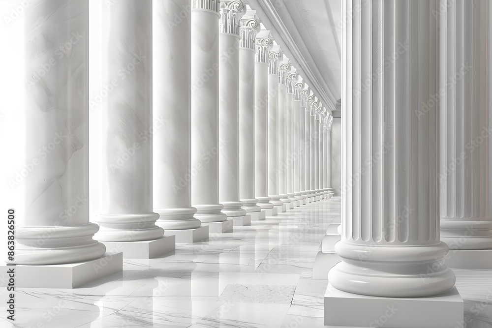 3D rendering of white marble columns in an architectural background. White marble pillars in a row. Classical architecture 3D rendering of white marble columns in an architectural background. White marble pillars in a row. Classical architecture