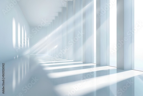 Abstract white background with sunlight and light rays, modern minimalist interior design of empty room or corridor with columns, panoramic windows and soft lighting in the style of minimalism