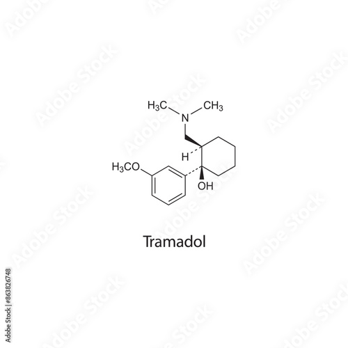 Tramadol flat skeletal molecular structure Opioid analgesic drug used in Pain treatment. Vector illustration scientific diagram.