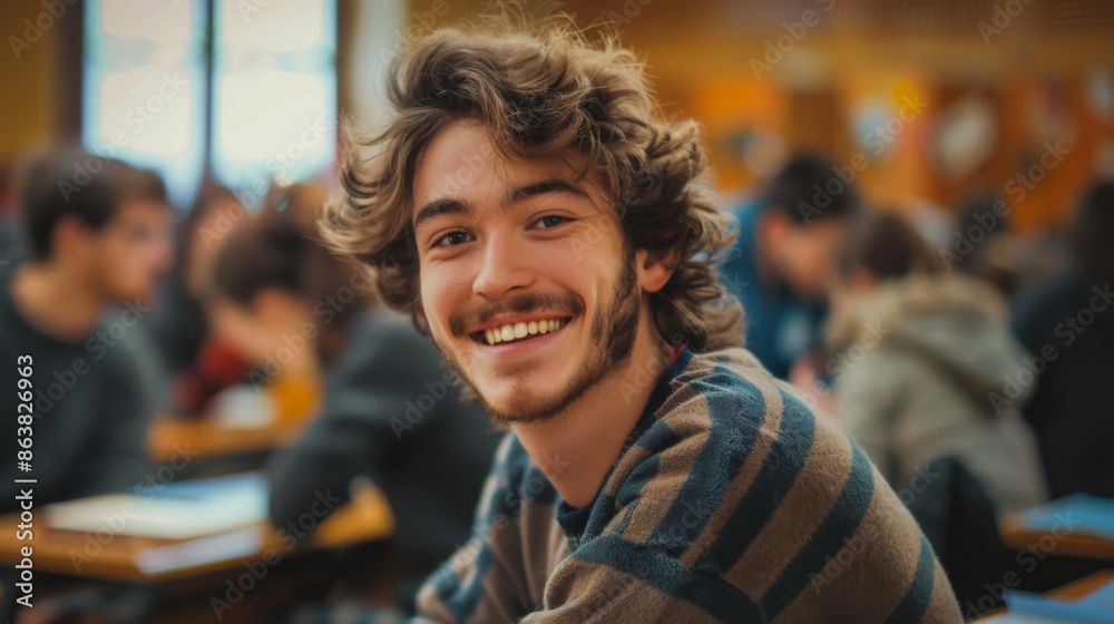 Portrait of a young student sitting at a desk at a lecture in college. Happy guy during classes in class. Education concept.