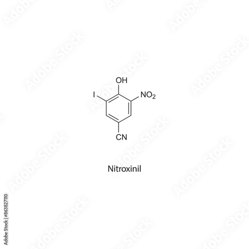 Nitroxinil flat skeletal molecular structure Anthelmintic agent drug used in worm infection treatment. Vector illustration scientific diagram. photo