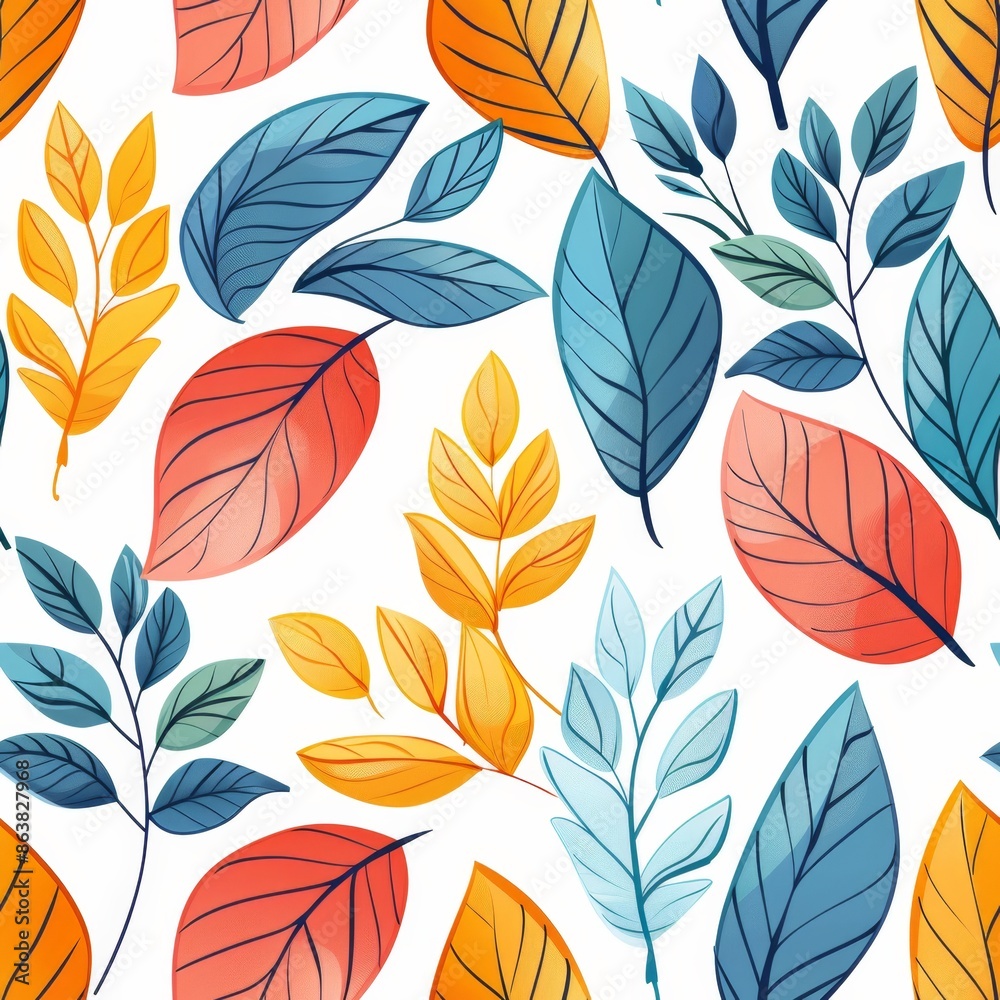 Fototapeta premium Vibrant Autumn Leaves Seamless Pattern. Colorful Fall Foliage Watercolor Design
