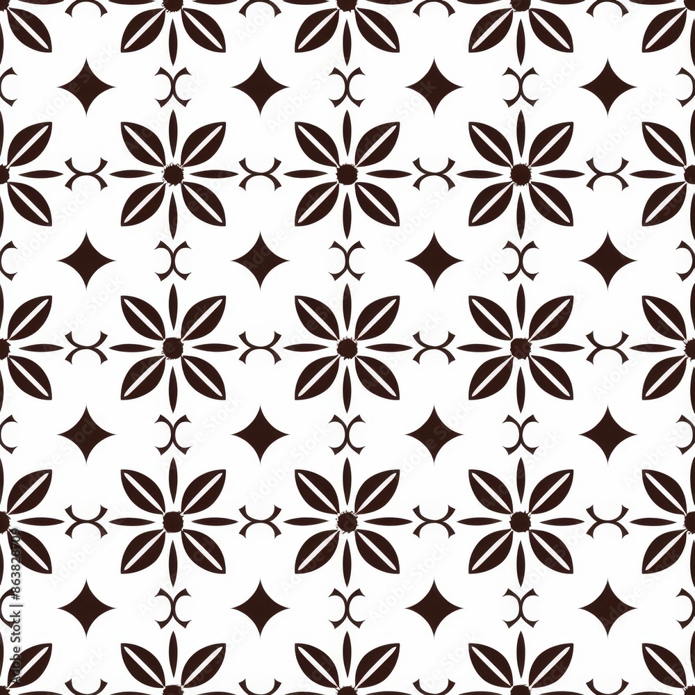 Seamless black and white floral tile pattern. Vector background with flower and star shapes, ideal for fabric, wallpaper, ceramic, and textile designs. Seamless black and white floral tile pattern. Vector background with flower and star shapes, ideal for fabric, wallpaper, ceramic, and textile designs.