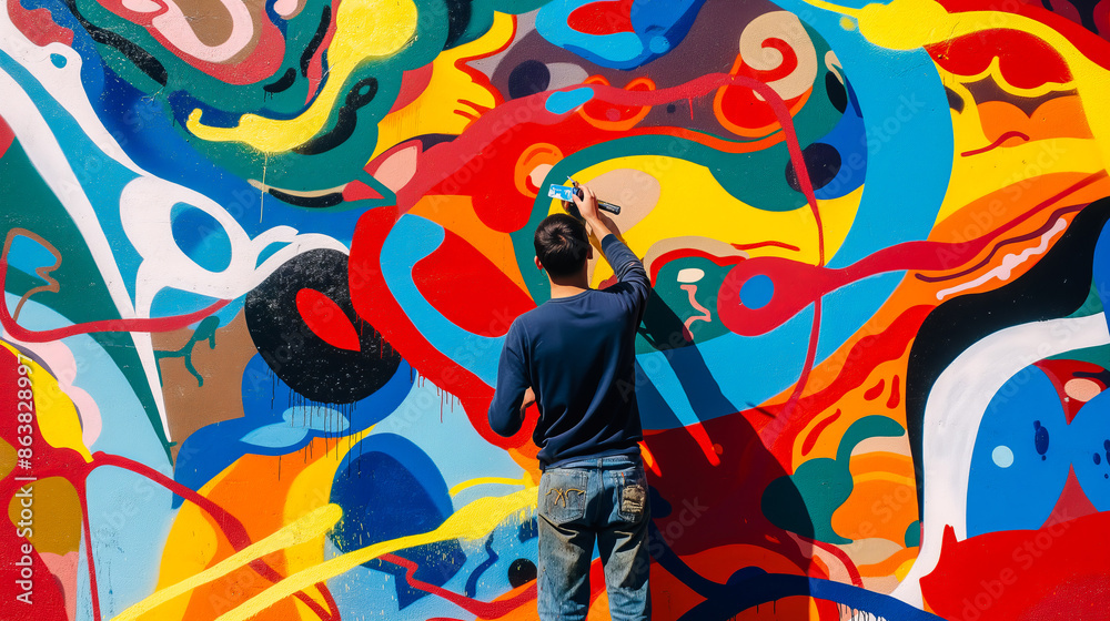 An artist painting a mural of abstract shapes and bright colors on an urban street wall. An artist painting a mural of abstract shapes and bright colors on an urban street wall.