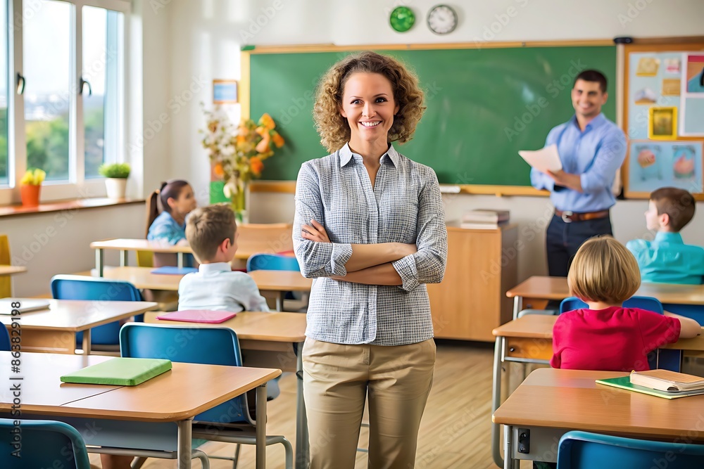 Confident Female Teacher Standing in Front of Her Students in a Classroom.