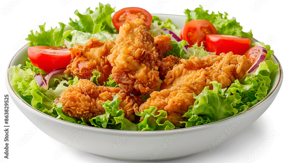 Healthy green salad with crispy fried chicken and tomato isolated on white