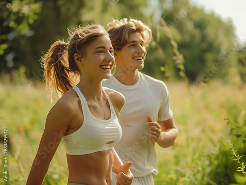 Romantic jog in nature. A couple in love is engaged in fitness in nature.