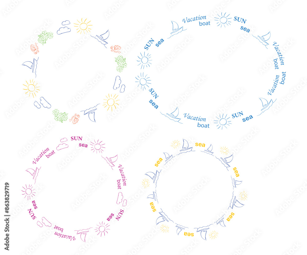 decorative frames with sailboat and sun. summer vacations. set of design round and oval elements decorative frames with sailboat and sun. summer vacations. set of design round and oval elements