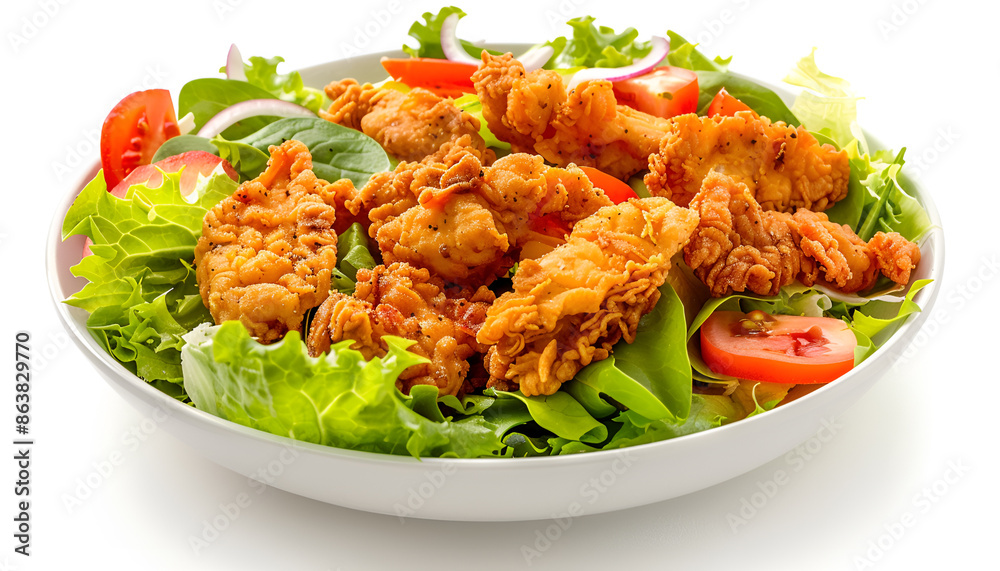 Healthy green salad with crispy fried chicken and tomato isolated on white Healthy green salad with crispy fried chicken and tomato isolated on white