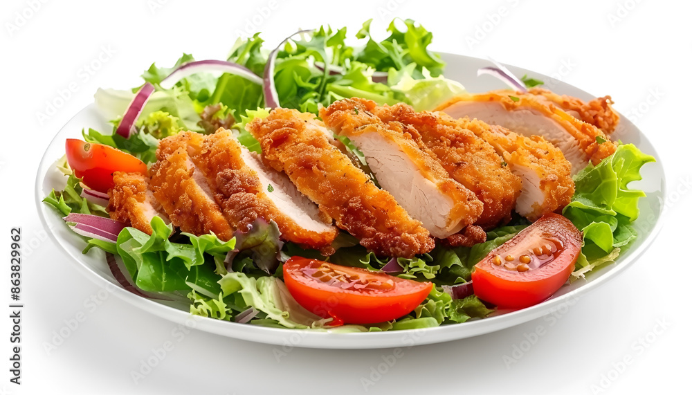 Healthy green salad with crispy fried chicken and tomato isolated on white Healthy green salad with crispy fried chicken and tomato isolated on white