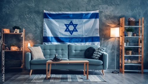 The flag of Israel hangs in the living room at home. The flag is in house. photo