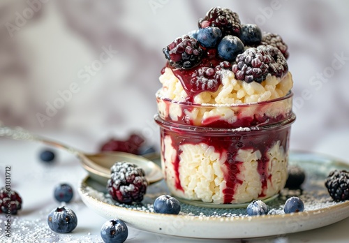 Creamy Rice Pudding With Blackberry Sauce and Fresh Berries