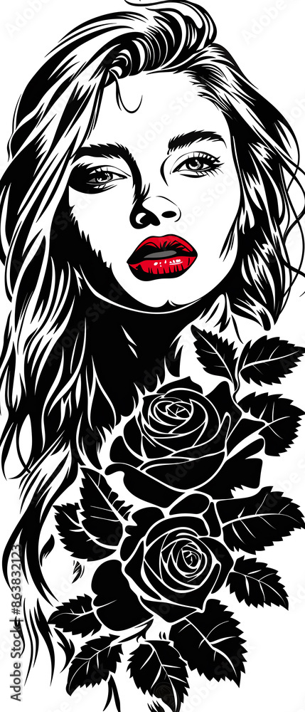 A woman with long hair and a red lipstick is holding a rose in her hand A woman with long hair and a red lipstick is holding a rose in her hand