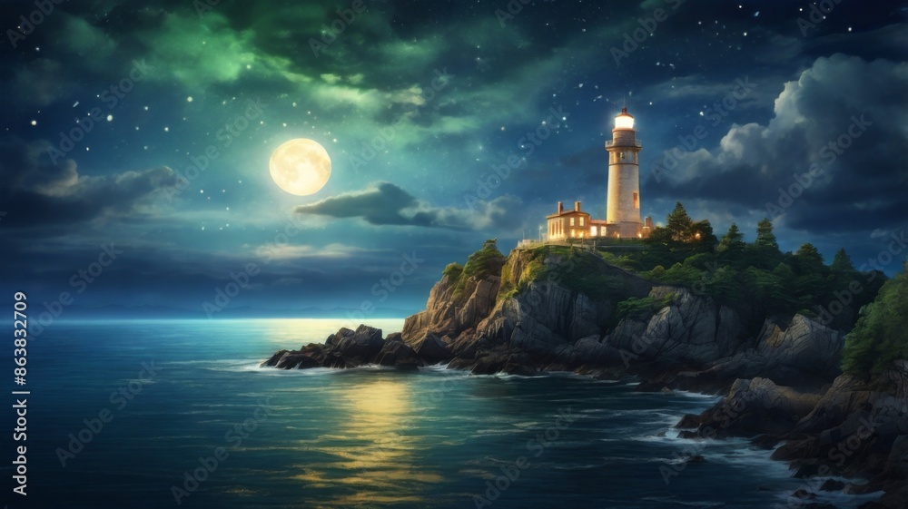 A captivating night scene illustration of an ancient lighthouse standing tall on a rocky island A captivating night scene illustration of an ancient lighthouse standing tall on a rocky island