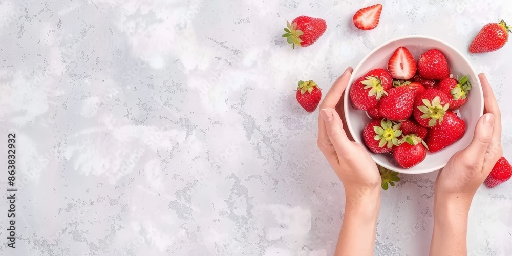 Hands holding a bowl of fresh strawberries on a light marble background. Healthy eating and summer fruits concept. Hands holding a bowl of fresh strawberries on a light marble background. Healthy eating and summer fruits concept.