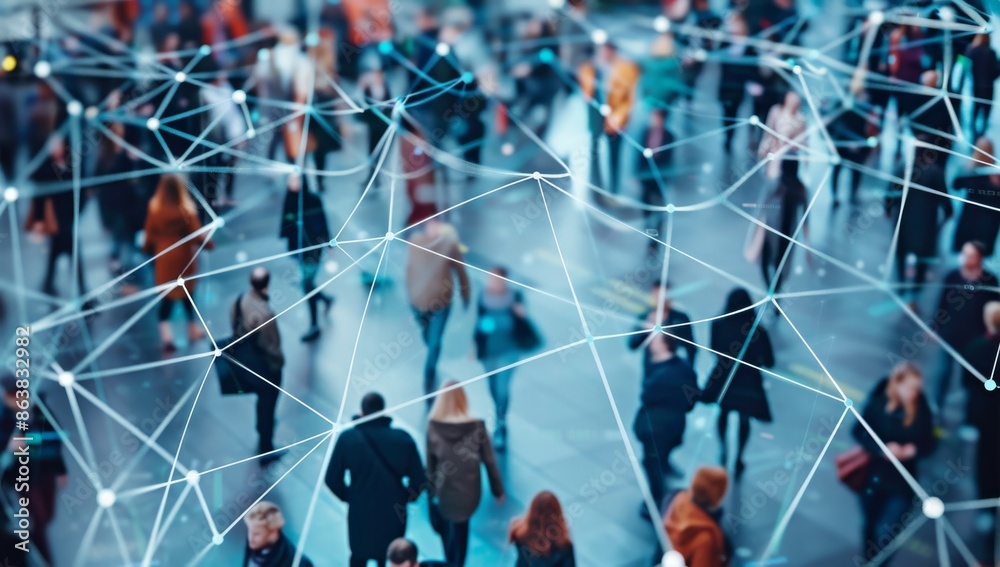 Digital network, interconnected crowds of people on social media icons ...