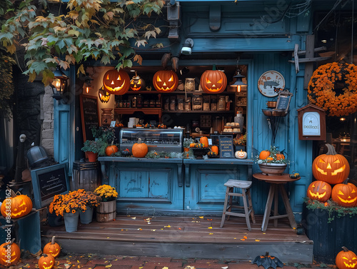 A storefront coffee shop decorated for Halloween with pumpkins, autumn leaves, and warm lighting, creating a cozy and festive atmosphere © athitat