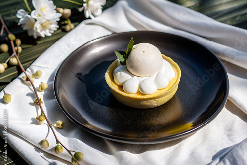 A Single Serving of Creamy Lemon Tart on a Black Plate