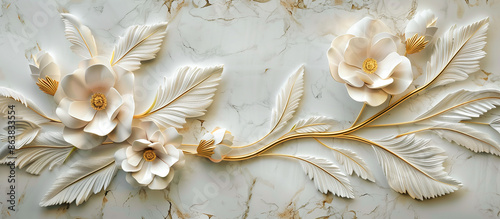 concept flowers and feather on marble