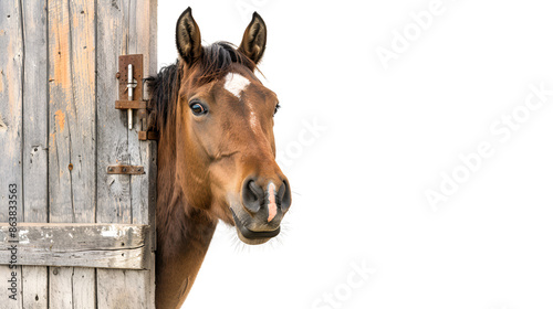 A brown horse with a white star on its forehead peeks out from behind a wooden stall door. photo