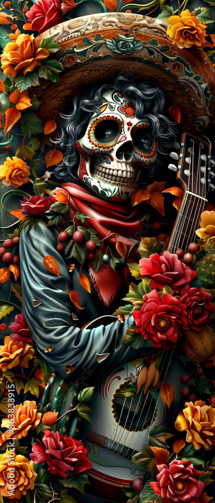 Fototapeta premium A skeleton is holding a guitar and surrounded by flowers. The image has a festive and colorful mood, with the flowers and the guitar adding a touch of whimsy to the otherwise macabre subject