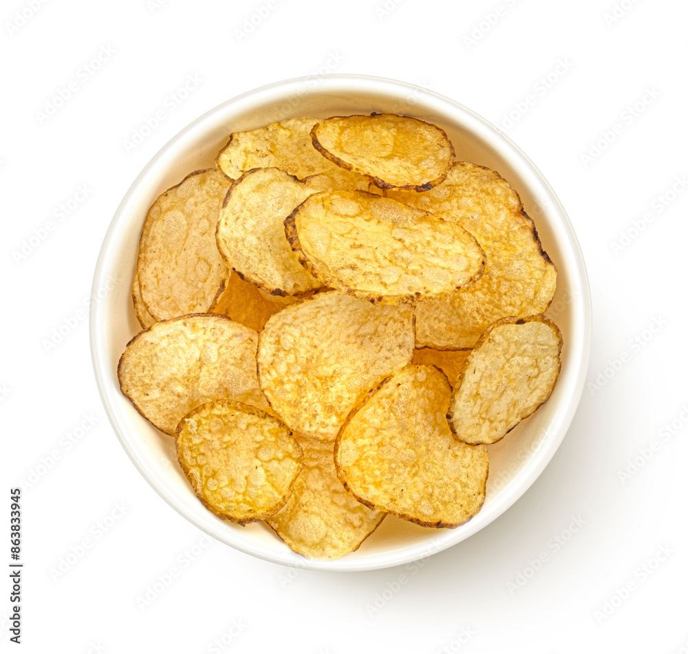 Kettle potato chips isolated on white background, top view Kettle potato chips isolated on white background, top view
