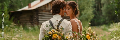 A Couple Posing for a Wedding Portrait in Front of a Rustic House
