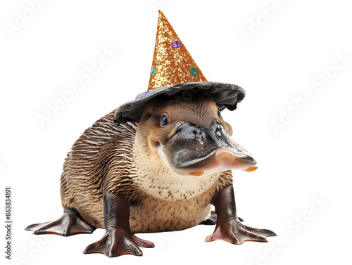 A platypus wearing a party hat, looking surprised and slightly confused. photo