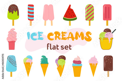 Ice cream flat. Cute kids frozen creamy desserts and sundaes. Waffles cones vanilla, ice lolly scoops cake. Colorful cartoon creamed chocolate and milk brown yellow green and red popsicle