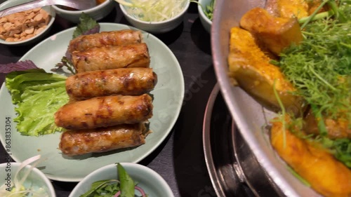 Vietnamese fried spring rolls Nem Ran on table near of traditional dish fried river catfish with cilantro and spring onion,  popular dish of boneless grilled hemibagrus fish in Vietnam. photo