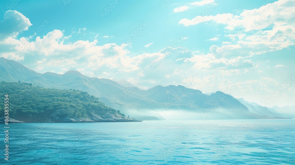 Blurry Seashore with Blue Water and White Sky in Summer Tropical Ocean Stunning Mountain Seascape for Outdoor Vacation Blurry Seashore with Blue Water and White Sky in Summer Tropical Ocean Stunning Mountain Seascape for Outdoor Vacation