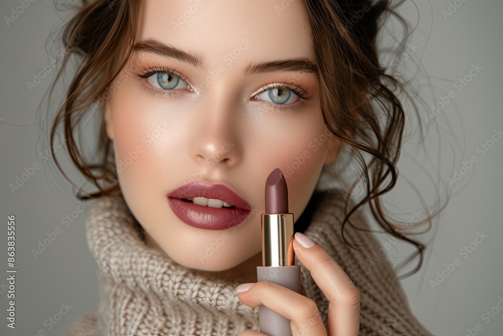 A beautiful woman holds a lipstick close to her face A beautiful woman holds a lipstick close to her face