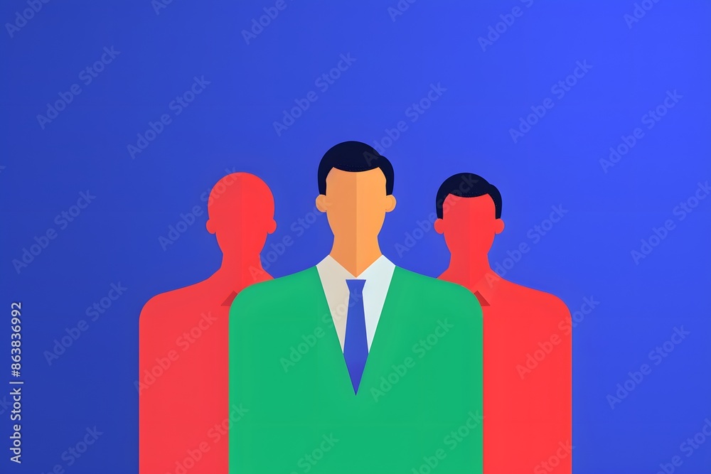 Abstract illustration of three figures, with the central person in focus. Modern design aesthetic with vibrant colors and business attire. Abstract illustration of three figures, with the central person in focus. Modern design aesthetic with vibrant colors and business attire.