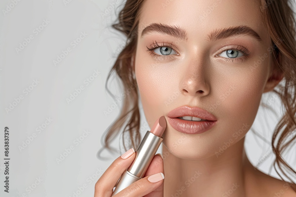 A beautiful woman holds a lipstick close to her face A beautiful woman holds a lipstick close to her face