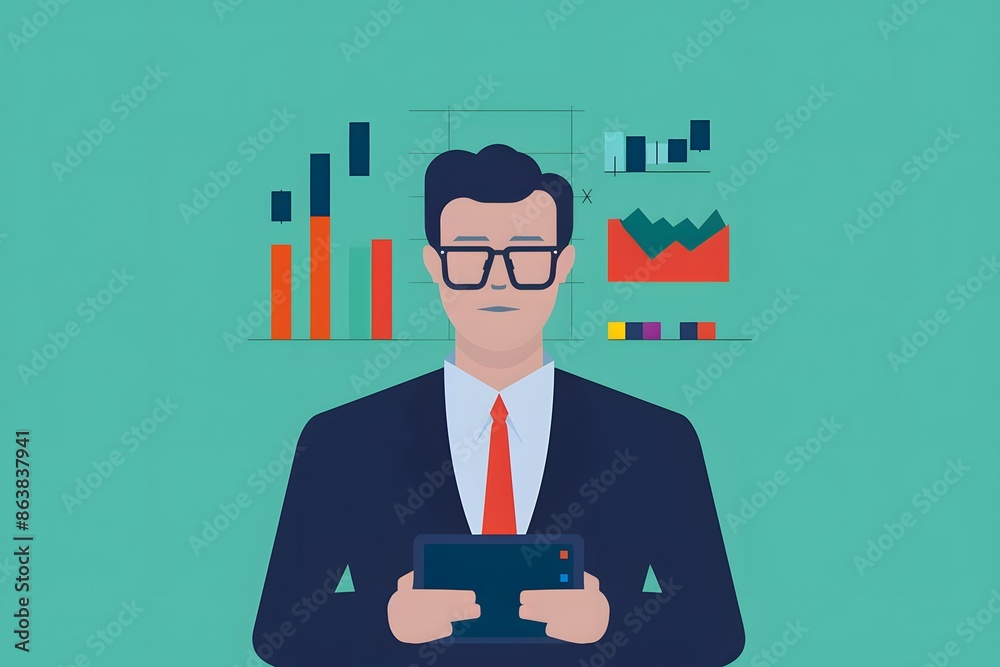 Businessman analyzing financial data on digital device with graphs in the background. Concept of analytics, stock market, and business growth. Businessman analyzing financial data on digital device with graphs in the background. Concept of analytics, stock market, and business growth.