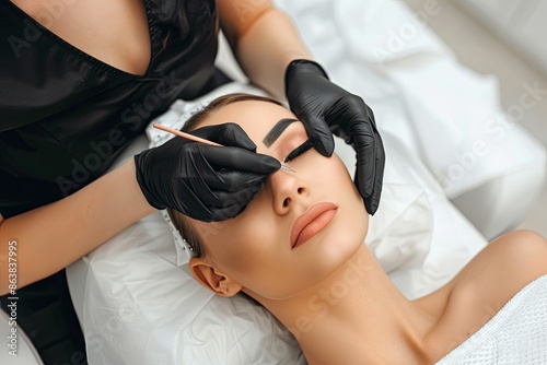 A woman is receiving a facial treatment, focusing on her forehead, nose, cheek, and eyelashes, as well as her hand, arm, shoulder, mouth, ear, and jaw at a beauty salon