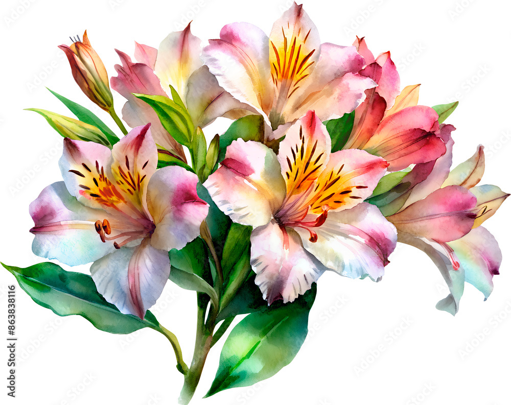 Naklejka premium bouquet Alstroemeria flower landscape no background png decorative floral watercolor painting