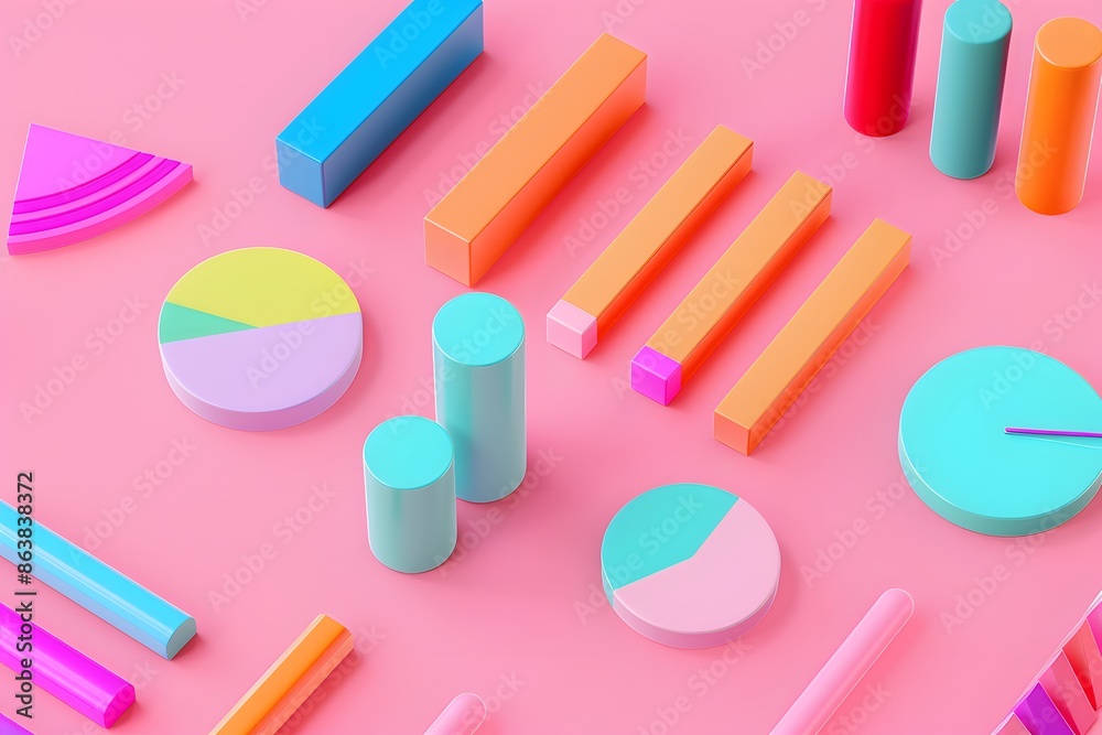 Colorful 3D graphs and charts on pink background, showcasing data visualization and information graphics in a vibrant and abstract manner. Colorful 3D graphs and charts on pink background, showcasing data visualization and information graphics in a vibrant and abstract manner.
