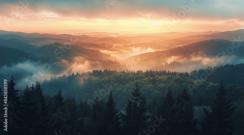 Mountain Forest Landscape With Mist And A Sunrise Sky