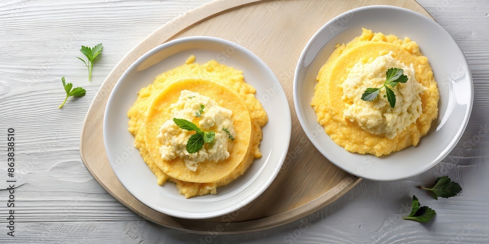 Polenta with cheese on plates isolated on background, top view, polenta, cheese, Italian, dish, cornmeal, comfort food Polenta with cheese on plates isolated on background, top view, polenta, cheese, Italian, dish, cornmeal, comfort food