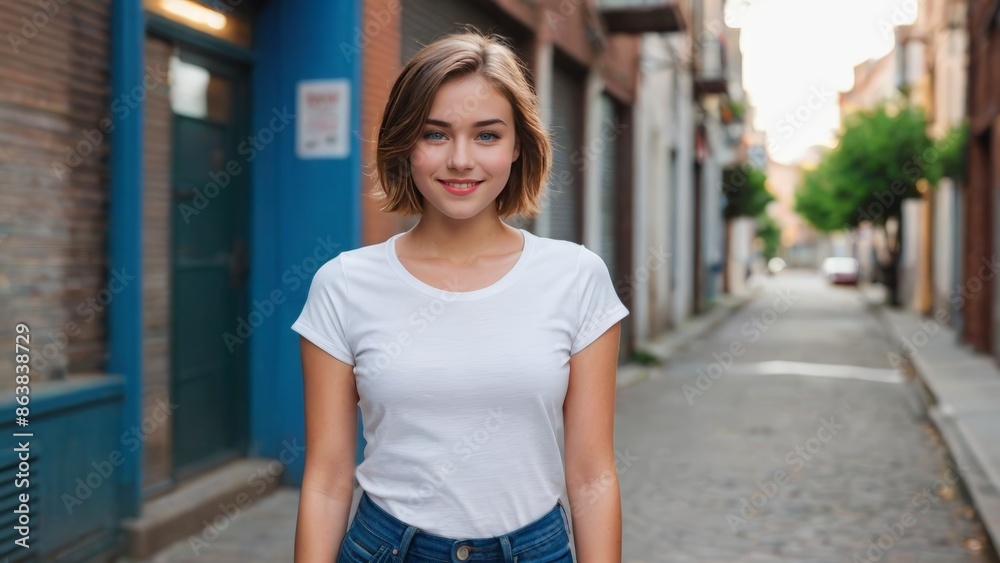 Teenage girl with short hair wearing white t-shirt and blue jeans standing in a city alley Teenage girl with short hair wearing white t-shirt and blue jeans standing in a city alley