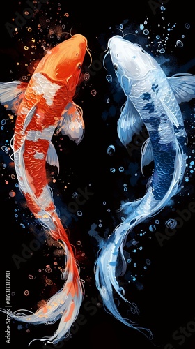 Image of two koi fish swimming side by side in a lake
